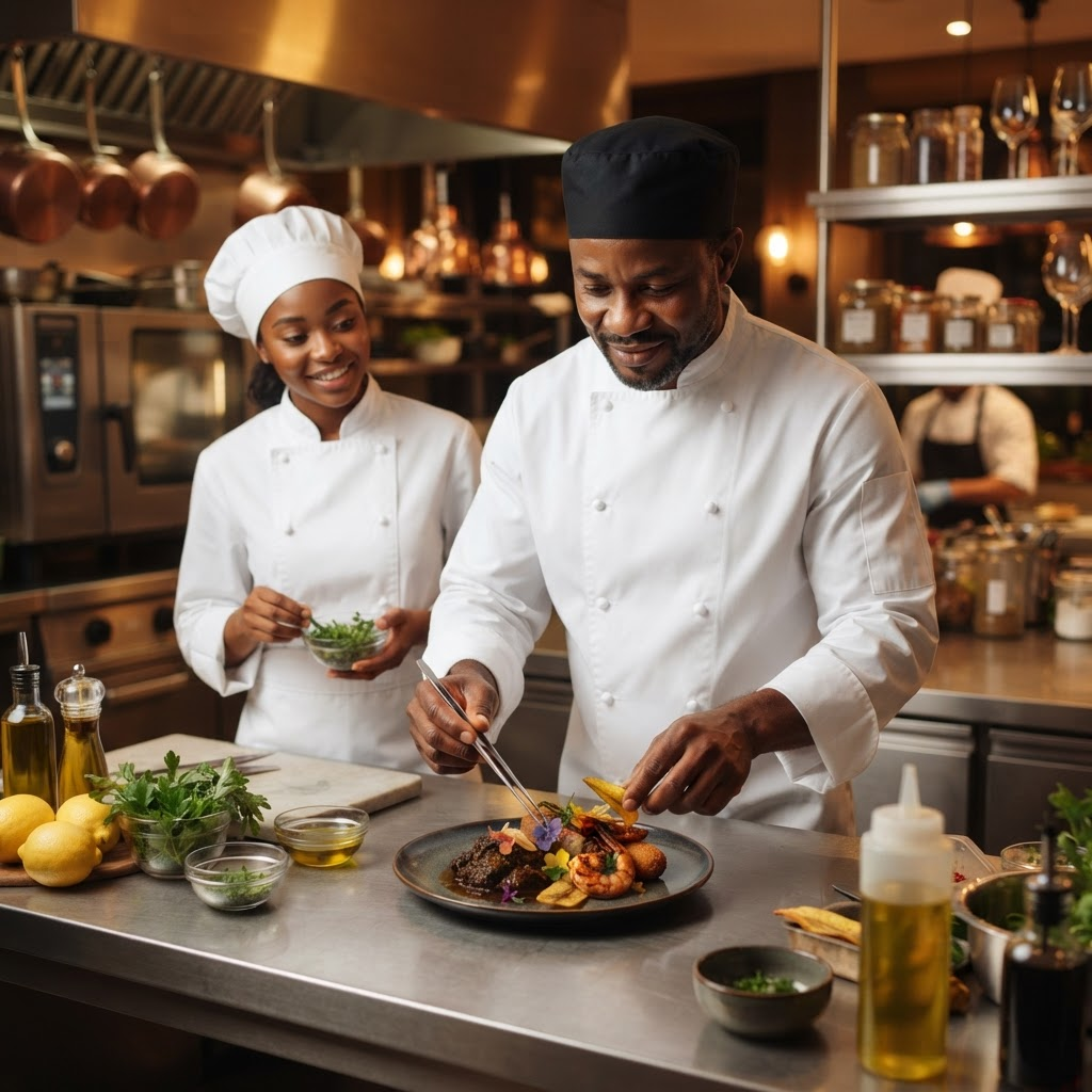 Le chef camerounais du Nouveau Monde prépare une création gastronomique authentique
